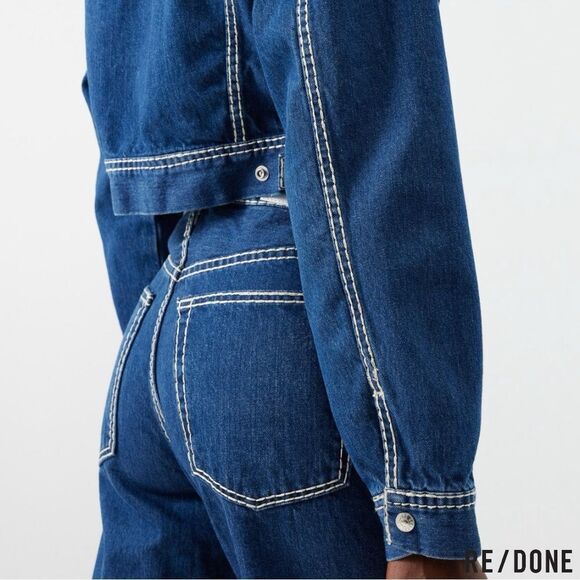 RE/ DONE **NWT** Cropped Chunky Stitch 'Trucker' Indigo Denim Jacket - Picture 7 of 16